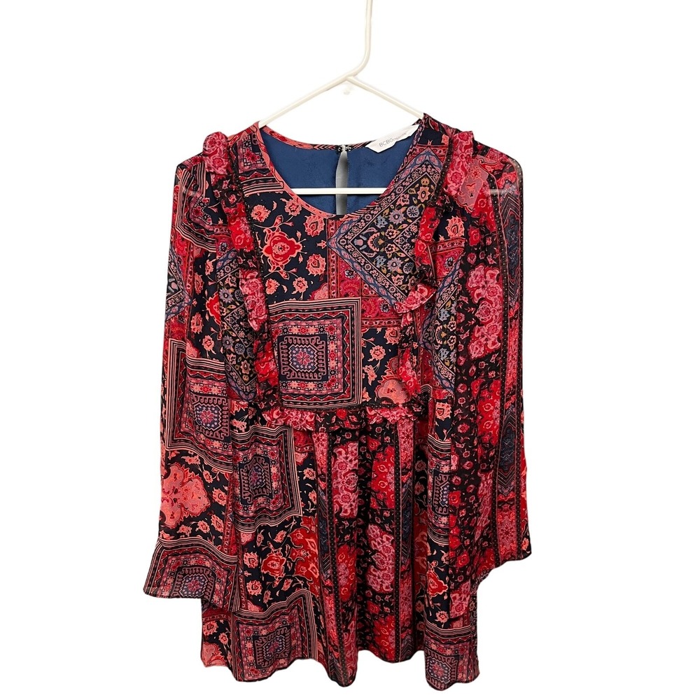 BCBGeneration Dress Women Small Red Paisley Patchwork Ruffle Boho Mini Festival